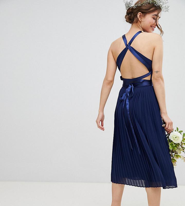 Tfnc Petite Pleated Midi Bridesmaid Dress With Cross Back And Bow Detail - Navy
