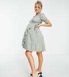 Asos Design Maternity Wrap Mini Dress With Broderie Trim In Self Check In Sage Green