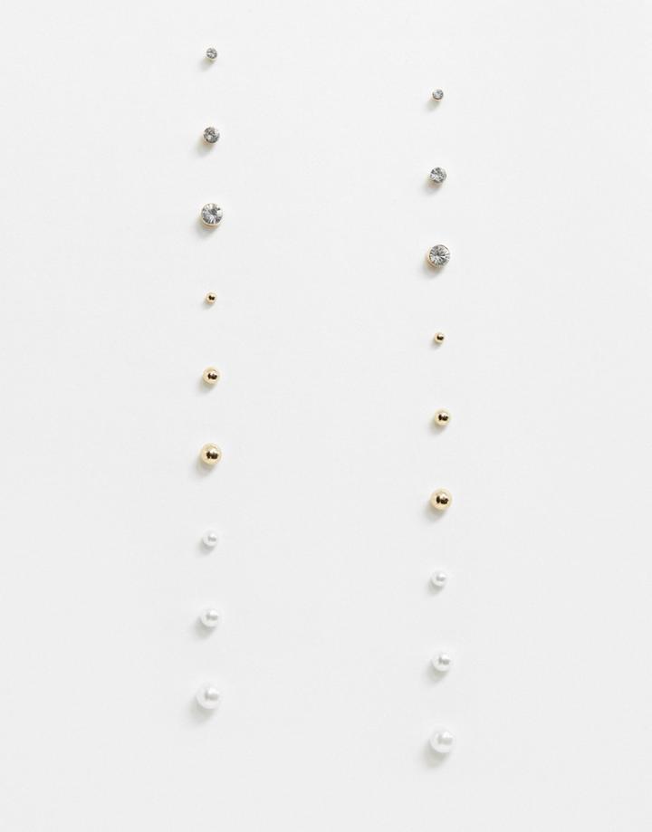 Asos Design Pack Of 9 Earrings With Mixed Studs In Gold Tone