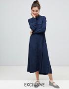 Monki Button Up Midi Dress With Pockets In Navy-brown