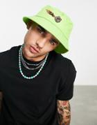 Asos Design Bucket Hat In Lime Green With Embroidery