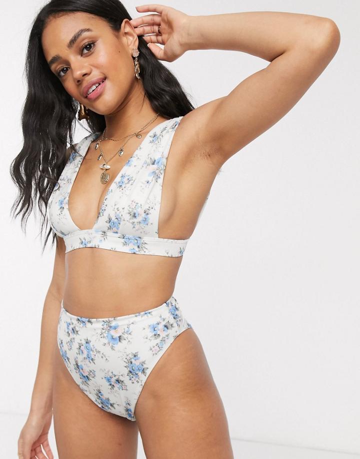 Asos Design Recycled Mix And Match Deep Band Plunge Crop Bikini Top In Ditsy Floral Print-multi