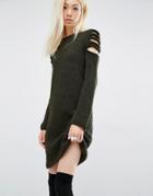 Oneon Hand Knitted Jumper Dress With Exposed Shoulder Detial - Green