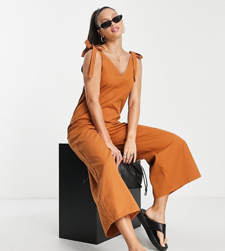 Asos Design Tall Twill Contrast Stitch Tie Shoulder Minimal Jumpsuit In Brown