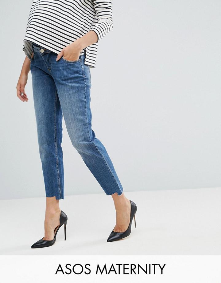 Asos Maternity Kimmi Shrunken Boyfriend Jeans In Blake Vintage Darkwash And Stepped Hem With Over The Bump Waistband - Blue