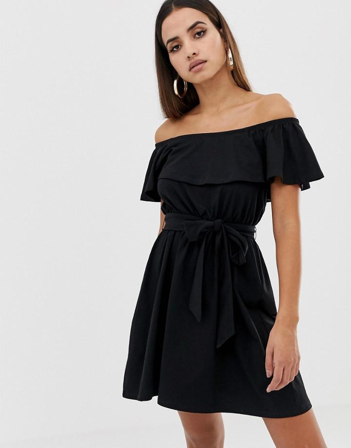 Asos Design Mini Bardot Sundress With Self Belt-black