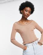 Miss Selfridge Mink Rib Knit Lace Bardot Sweater-brown
