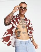 Asos Design Boxy Oversized Shirt In Linen-look Brown Abstract Print