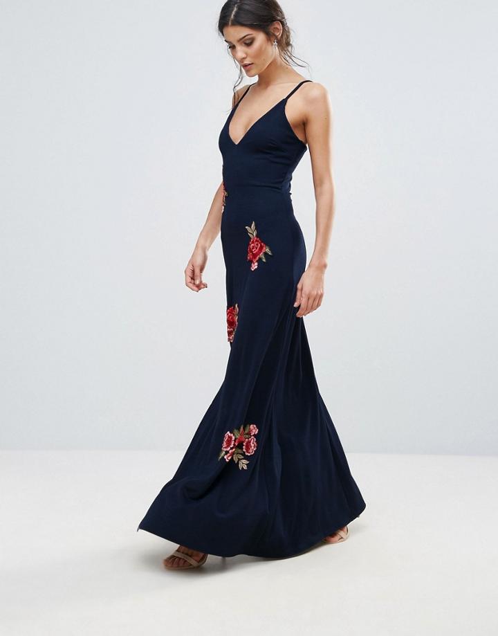 Club L Cami Strap Floral Embroidery Detail Maxi Dress With Thigh Split - Navy