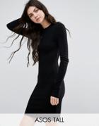 Asos Tall Mini Bodycon Dress In Rib With Long Sleeves - Black