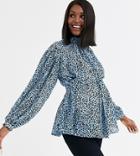 Asos Design Maternity High Neck Top With Volume Sleeve In Blue Animal Print-multi