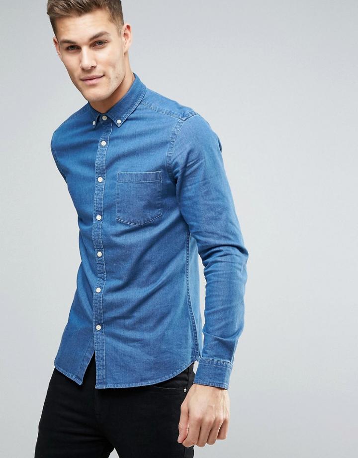 Asos Slim Denim Shirt With Stretch In Mid Wash - Blue