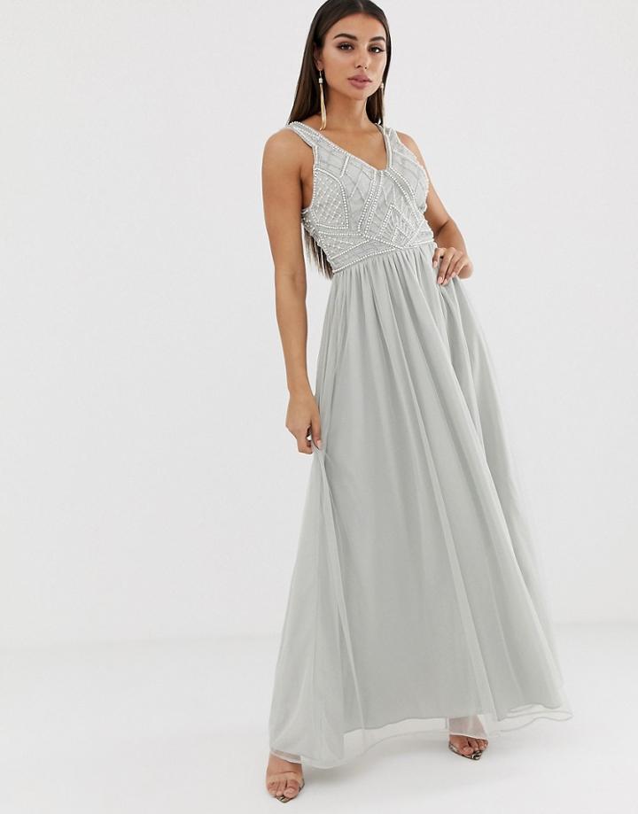 Asos Design Maxi Dress With Tulle Skirt And Embellished And Pearl Bodice-blue