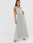 Asos Design Maxi Dress With Tulle Skirt And Embellished And Pearl Bodice-blue