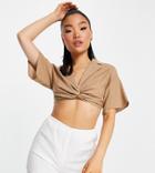 Missguided Petite Plunge Crop Top With Collar In Brown - Part Of A Set