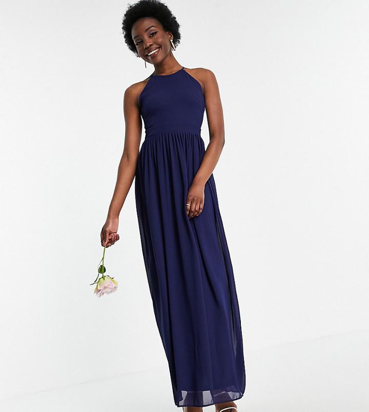 Tfnc Tall Bridesmaid High Neck Pleated Maxi Dress In Navy