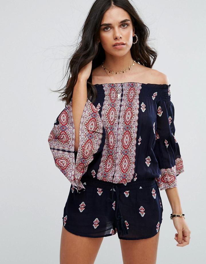 Raga Endless Love Off Shoulder Printed Romper - Navy