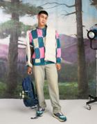 Asos Design Fluffy Knit Checkerboard Sweater In Bright Blue And Pink-multi