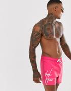 Asos Design Swim Short In Pink With Dark Future Branding Short Length - Pink