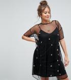 Asos Curve Mesh Smock Dress With Floral Embroidery - Black