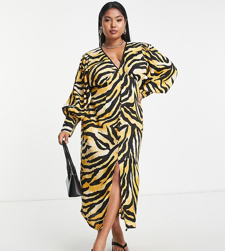 River Island Plus Button Up Animal Print Midi Dress In Brown