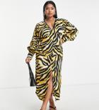 River Island Plus Button Up Animal Print Midi Dress In Brown