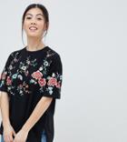 Asos Design Petite T-shirt With Floral Embroidery - Gray