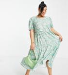 In The Style Plus X Stacey Solomon Tiered Ruffle Smock Midi Dress In Green Floral Print-multi