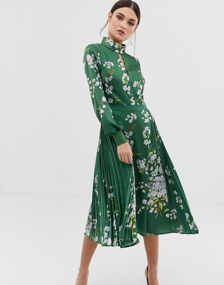 Ted Baker Jhenni Print Midi Dress With Pussybow - Green