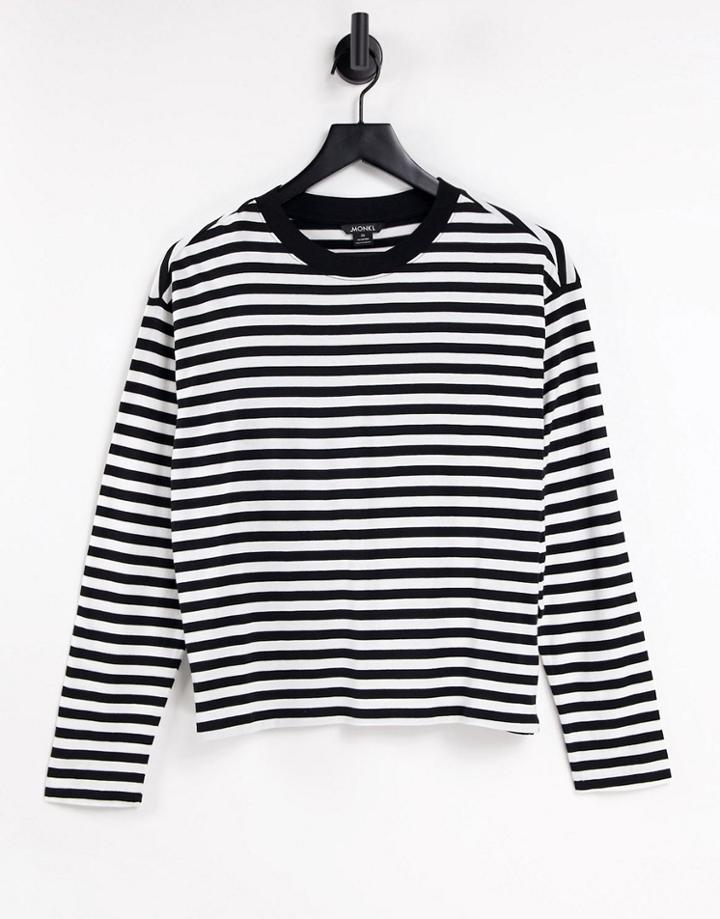 Monki Maja Organic Cotton Blend Long Sleeve Stripe T-shirt In Black And White