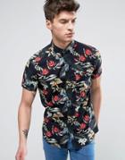 Solid Short Sleeved Shirt In Hawaiian Print In Regular Fit - Black