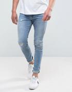 Asos Super Skinny Jeans In Mid Wash Blue With Abrasions - Blue