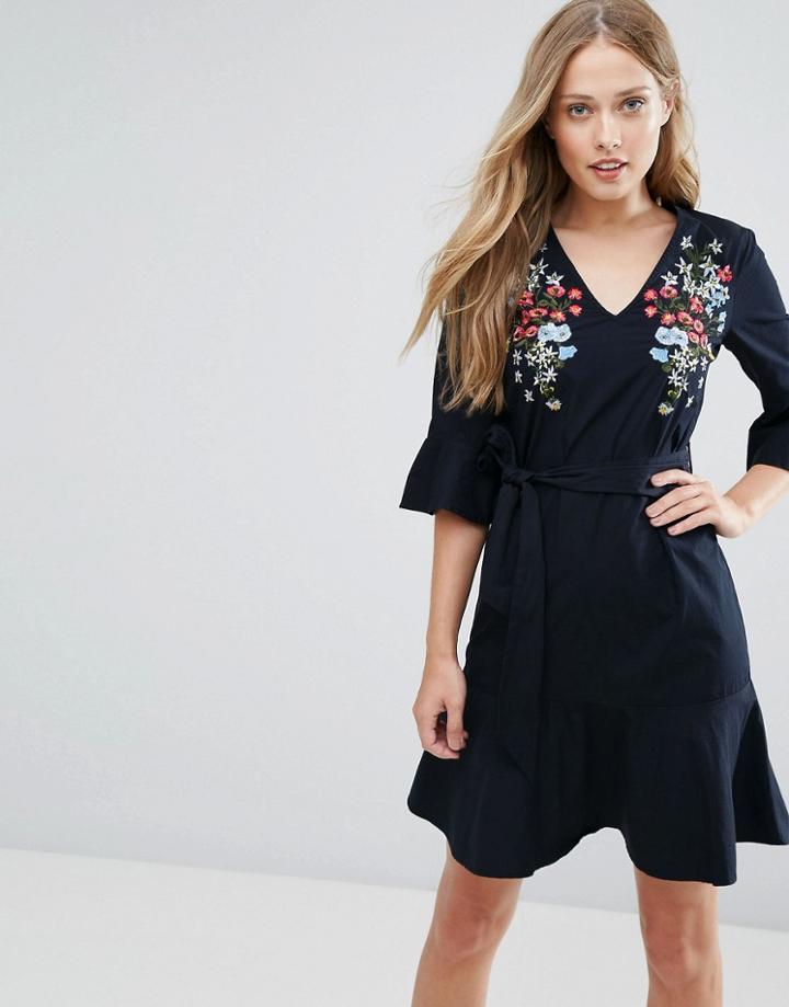 Warehouse Freida Embroidered Cotton Fluted Sleeve Dress - Navy