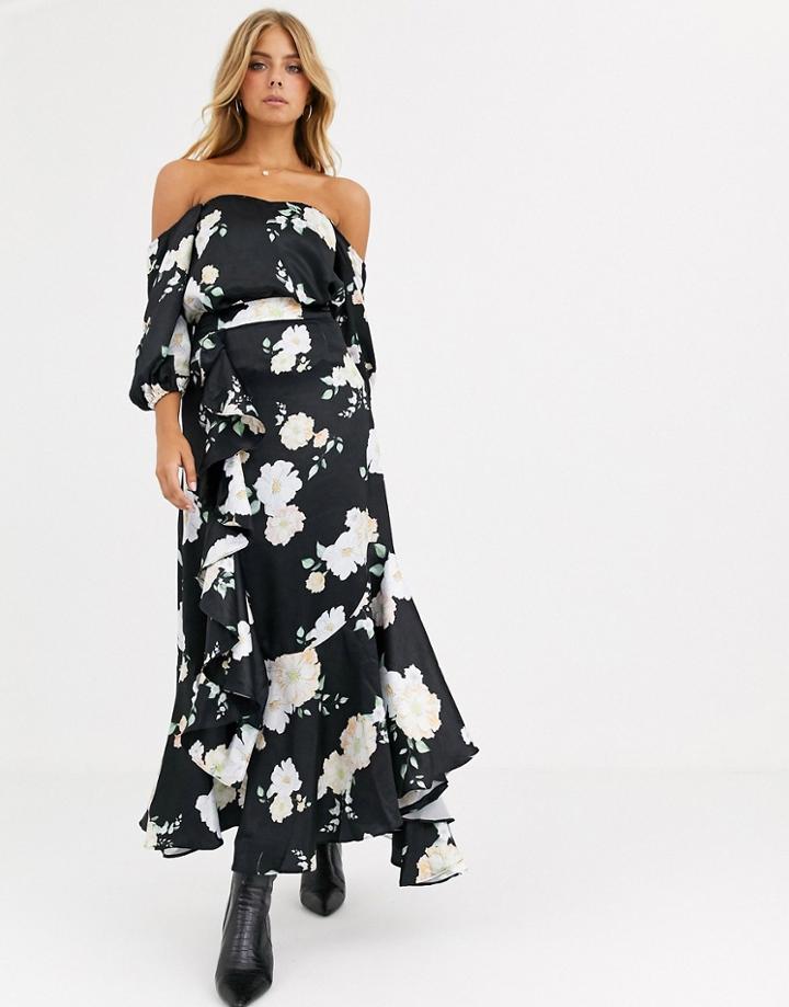 We Are Kindred Clover Ruffle Floral Midaxi Skirt-black