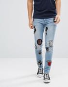 Asos Skinny Jeans In Mid Wash Blue With Biker Patches - Blue