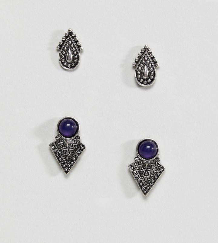 Asos Design Pack Of 2 Engraved Tear Drop And Triangle Stone Earrings - Silver
