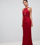 Little Mistress Tall Satin Maxi Dress With Keyhole And Gathered Detail - Red