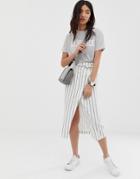Asos Design Linen Column Midi Skirt With Paperbag Waist In Stripe - Multi