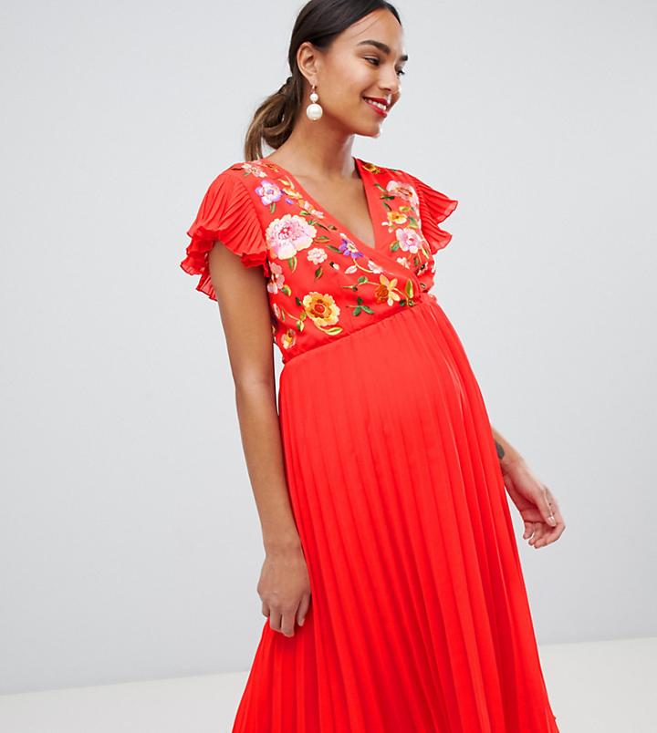 Asos Design Maternity Pleated Midi Dress With Embroidery - Multi