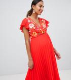 Asos Design Maternity Pleated Midi Dress With Embroidery - Multi