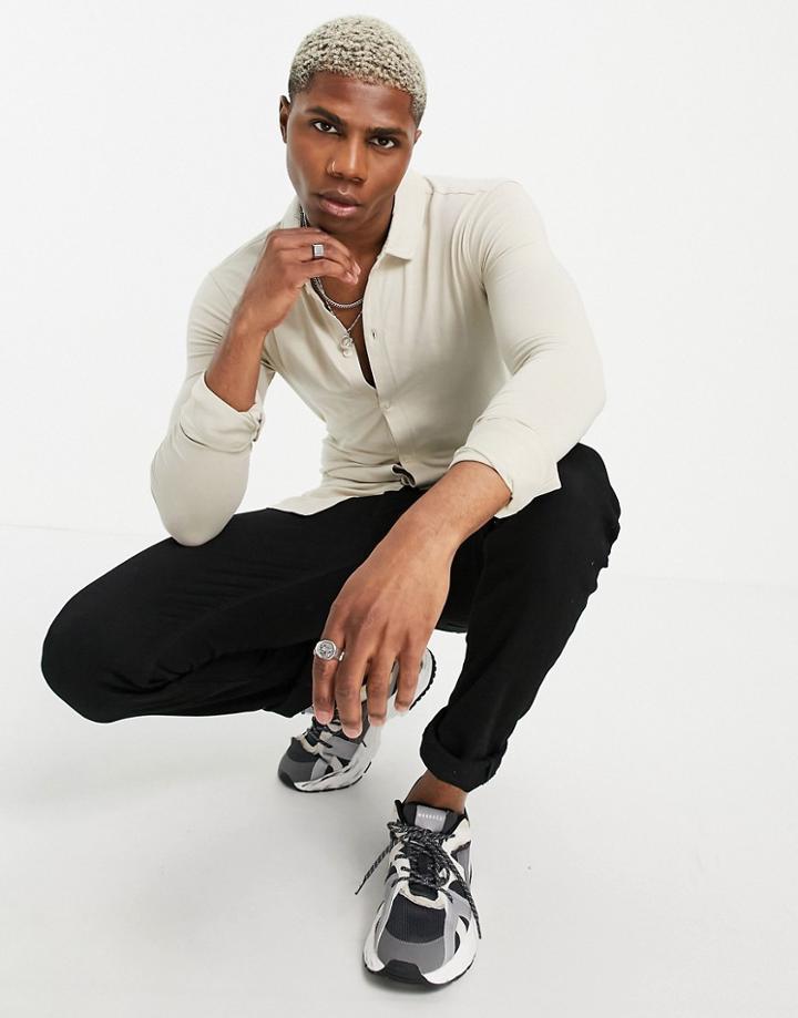 Soul Star Long Sleeve Muscle Fit Jersey Shirt In Stone-neutral