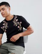 Asos Design Muscle T-shirt With Floral Yoke Print - Black