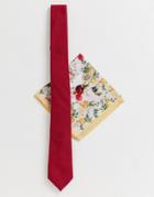 Asos Design Wedding Slim Textured Red Tie & Floral Pocket Square-yellow