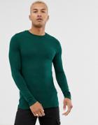 Asos Design Organic Muscle Fit Long Sleeve T-shirt In Green - Green