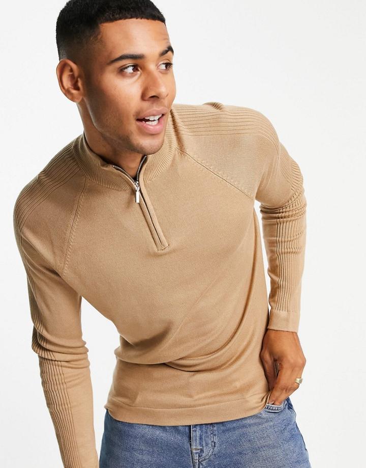 River Island Knitted Half Zip Sweater In Stone-neutral