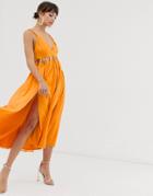 Asos Design Soft Midi Dress With Cut Out Deatil And Spliced Skirt In Crinkle Chiffon - Brown