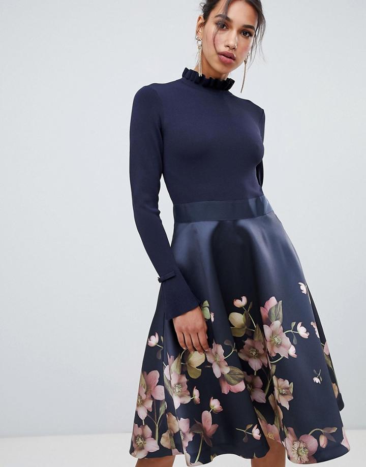 Ted Baker Seema Arboretum Knitted Bodice Dress - Navy