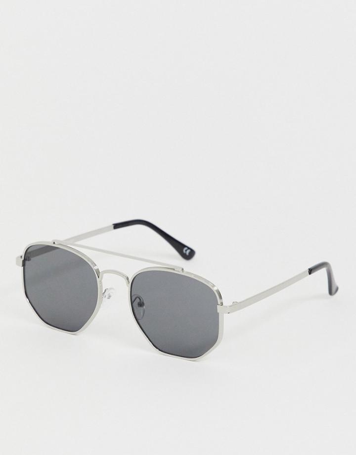 Asos Design Aviator Sunglasses In Brushed Silver And Smoke Lens