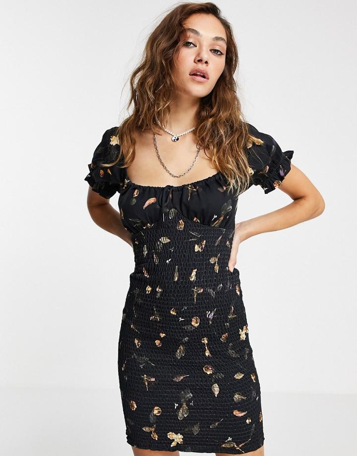 Allsaints Martha Sweetheart Neckline Dress In Black Floral