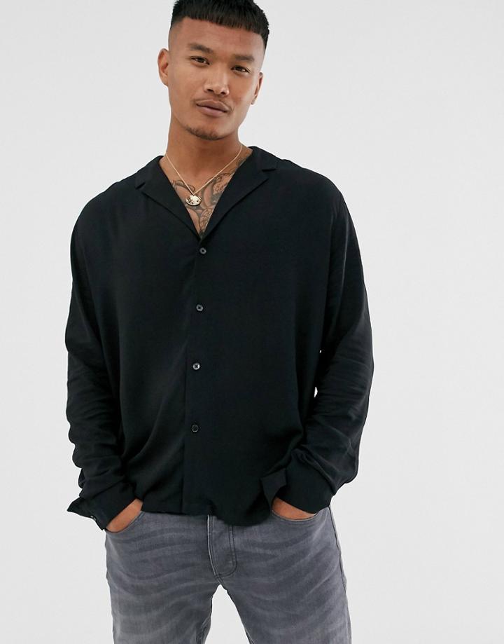 Asos Design Relaxed Fit Viscose Shirt With Low Revere In Black